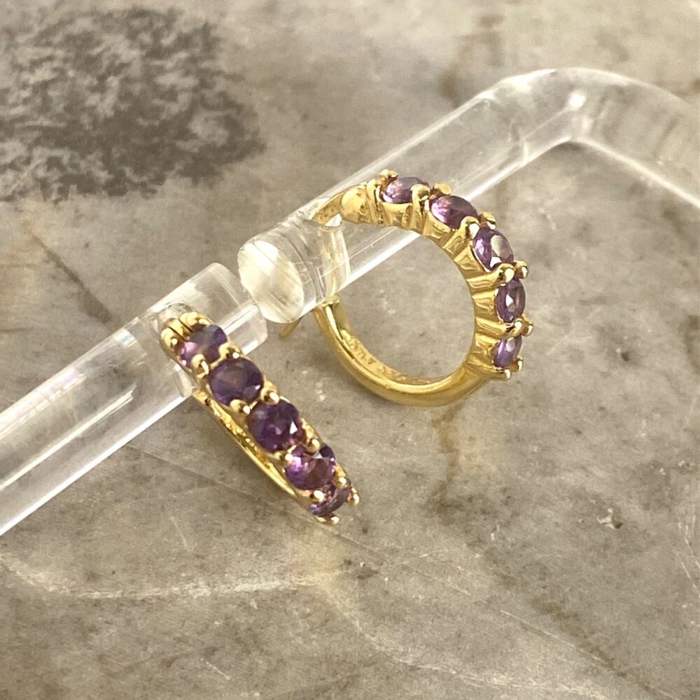 Gold Vermeil Sterling Silver 925 DBJ Round Amethyst Small Huggie Hoop Earrings - Picture 13 of 16